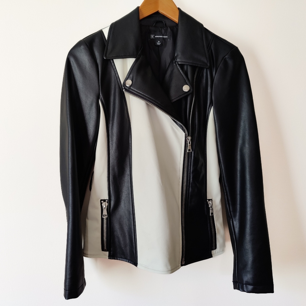 INC Soft Petite Moto Faux Leather Black and White Color Block Bomber Jacket